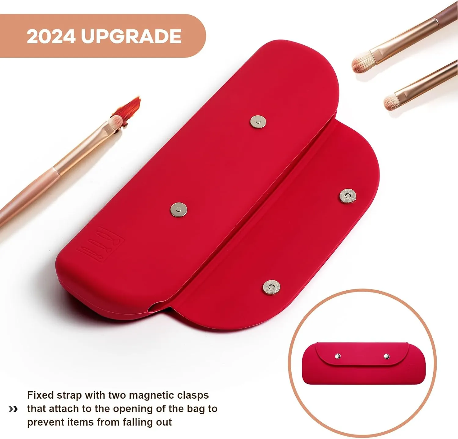 Travel Makeup Brush HolderSilicone Makeup Brush Holder Portable Cosmetic Organiser with Two Upgraded Anti-fall Off Magnetic Clips  foldable, large capacity-Red