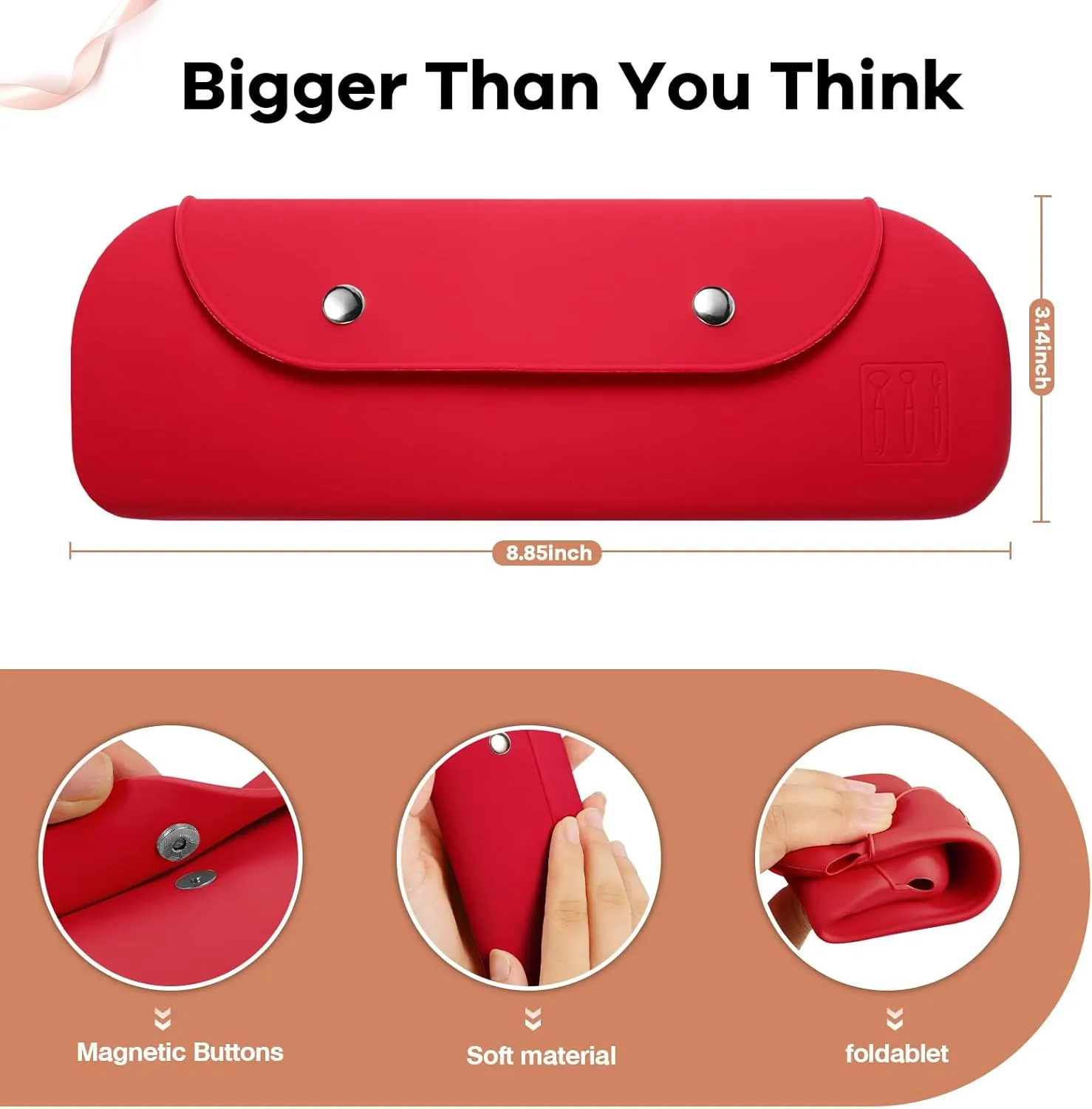 Travel Makeup Brush HolderSilicone Makeup Brush Holder Portable Cosmetic Organiser with Two Upgraded Anti-fall Off Magnetic Clips  foldable, large capacity-Red