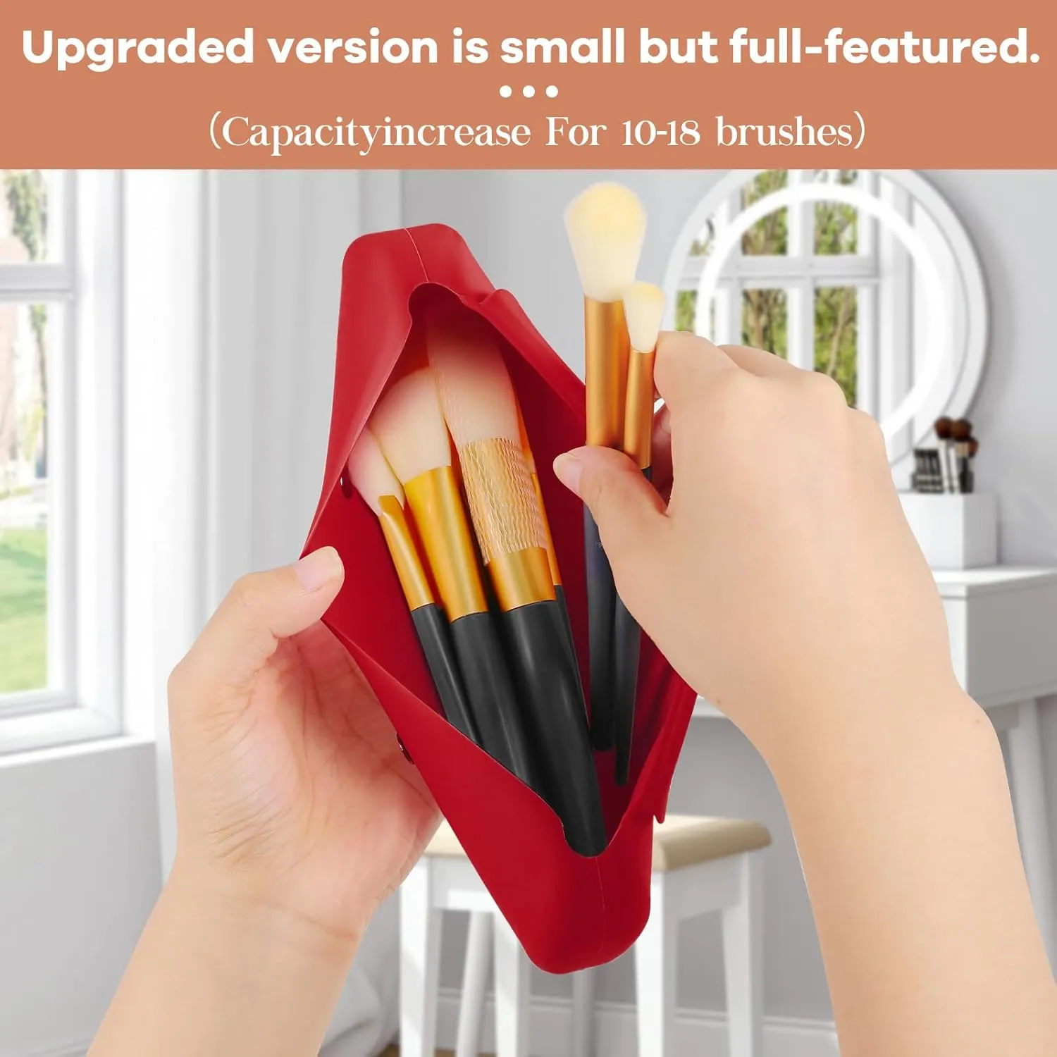 Travel Makeup Brush HolderSilicone Makeup Brush Holder Portable Cosmetic Organiser with Two Upgraded Anti-fall Off Magnetic Clips  foldable, large capacity-Red