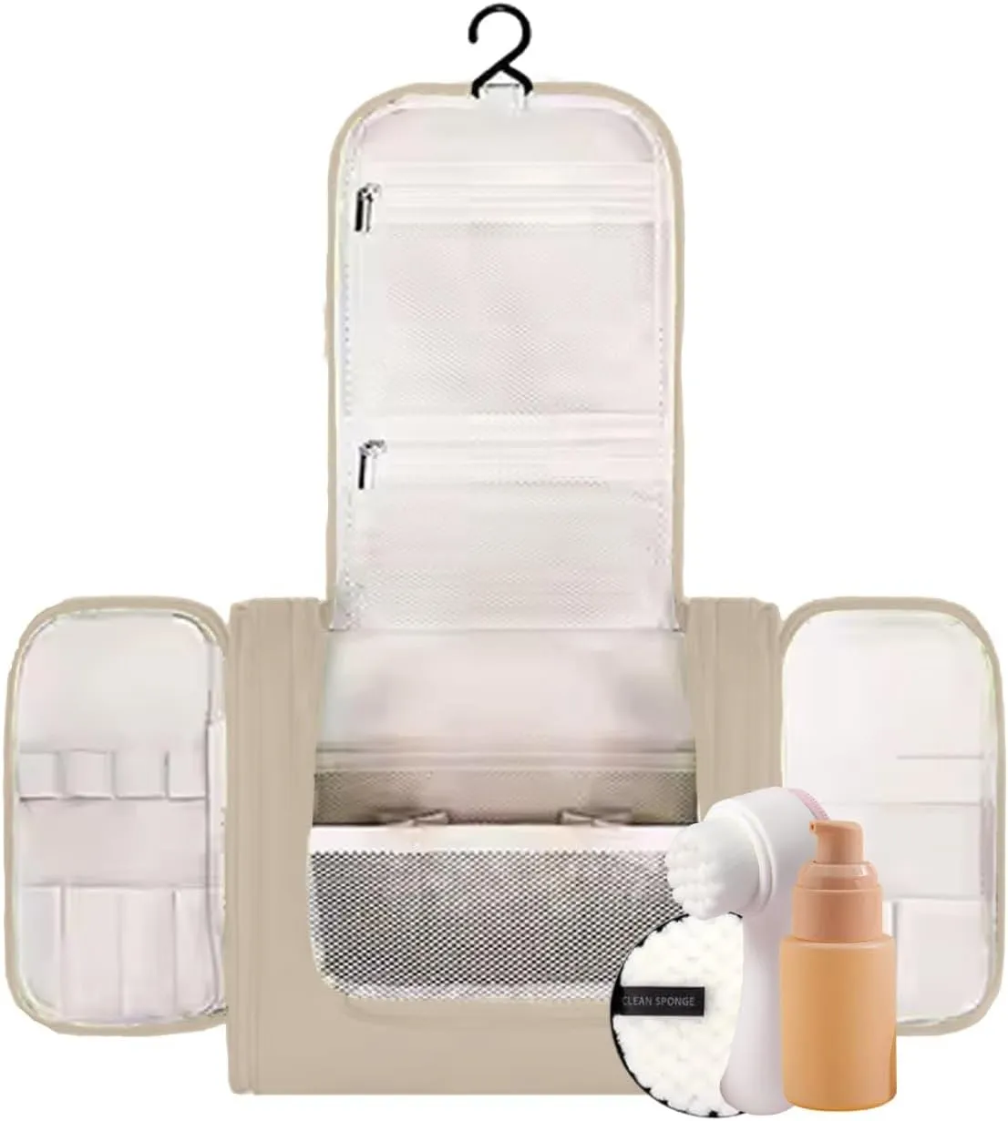 Travel Toiletry Bag w/Hanging Hook  Waterproof Makeup & Toiletry Organizer for Women & Men  Spacious Main Compartment  Medium Size Beige Bag for Travel Accessories & Bathroom Essentials