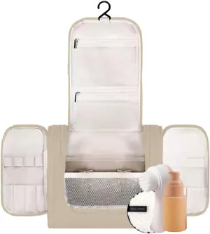 Travel Toiletry Bag w/Hanging Hook  Waterproof Makeup & Toiletry Organizer for Women & Men  Spacious Main Compartment  Medium Size Beige Bag for Travel Accessories & Bathroom Essentials