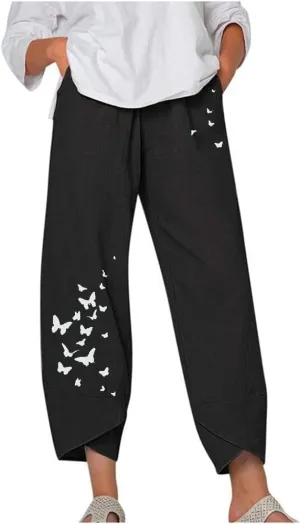 Trendy Womens Summer Capri Pants Casual Comfy Baggy Palazzo Trouser Pants with Pocket