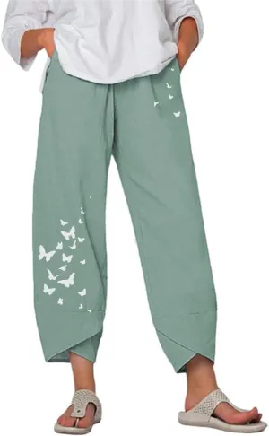 Trendy Womens Summer Capri Pants Casual Comfy Baggy Palazzo Trouser Pants with Pocket
