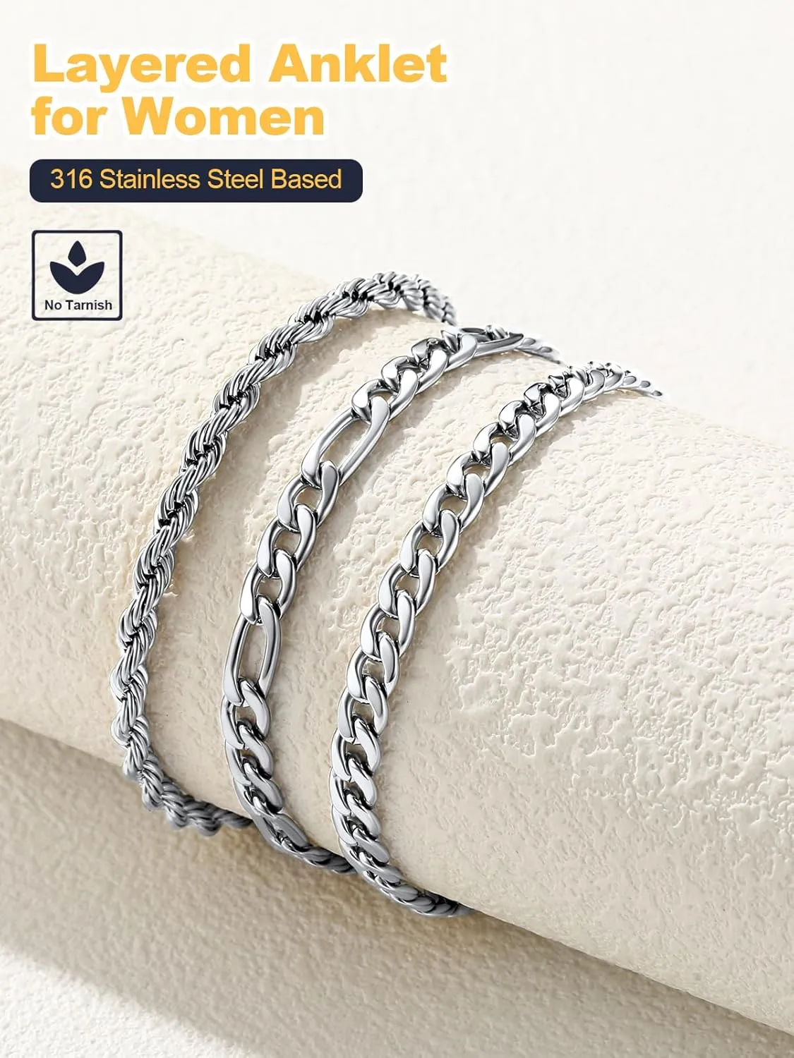 U7 2Pcs/3Pcs Ankle Bracelets for Women, Stainless Steel Cuban Link/Figaro/Rope/Heart Chain Anklets Sets,Waterproof Layered Anklets Adjustable 8.5"-10.5"