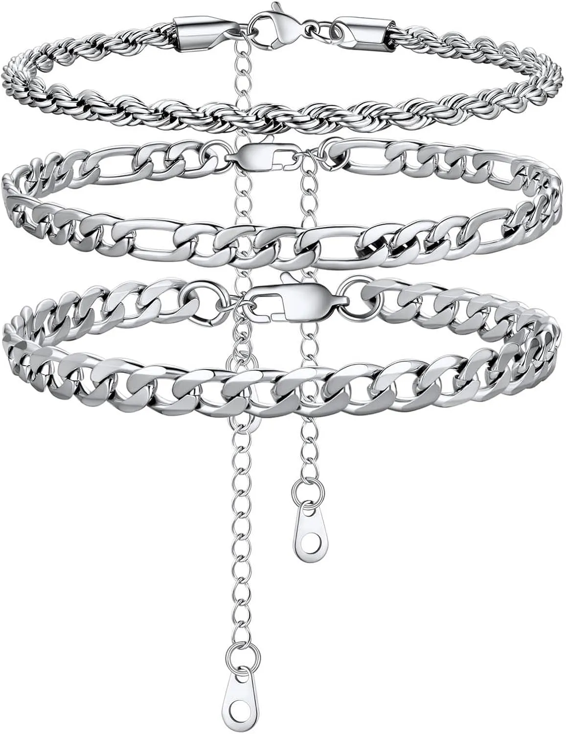 U7 2Pcs/3Pcs Ankle Bracelets for Women, Stainless Steel Cuban Link/Figaro/Rope/Heart Chain Anklets Sets,Waterproof Layered Anklets Adjustable 8.5"-10.5"