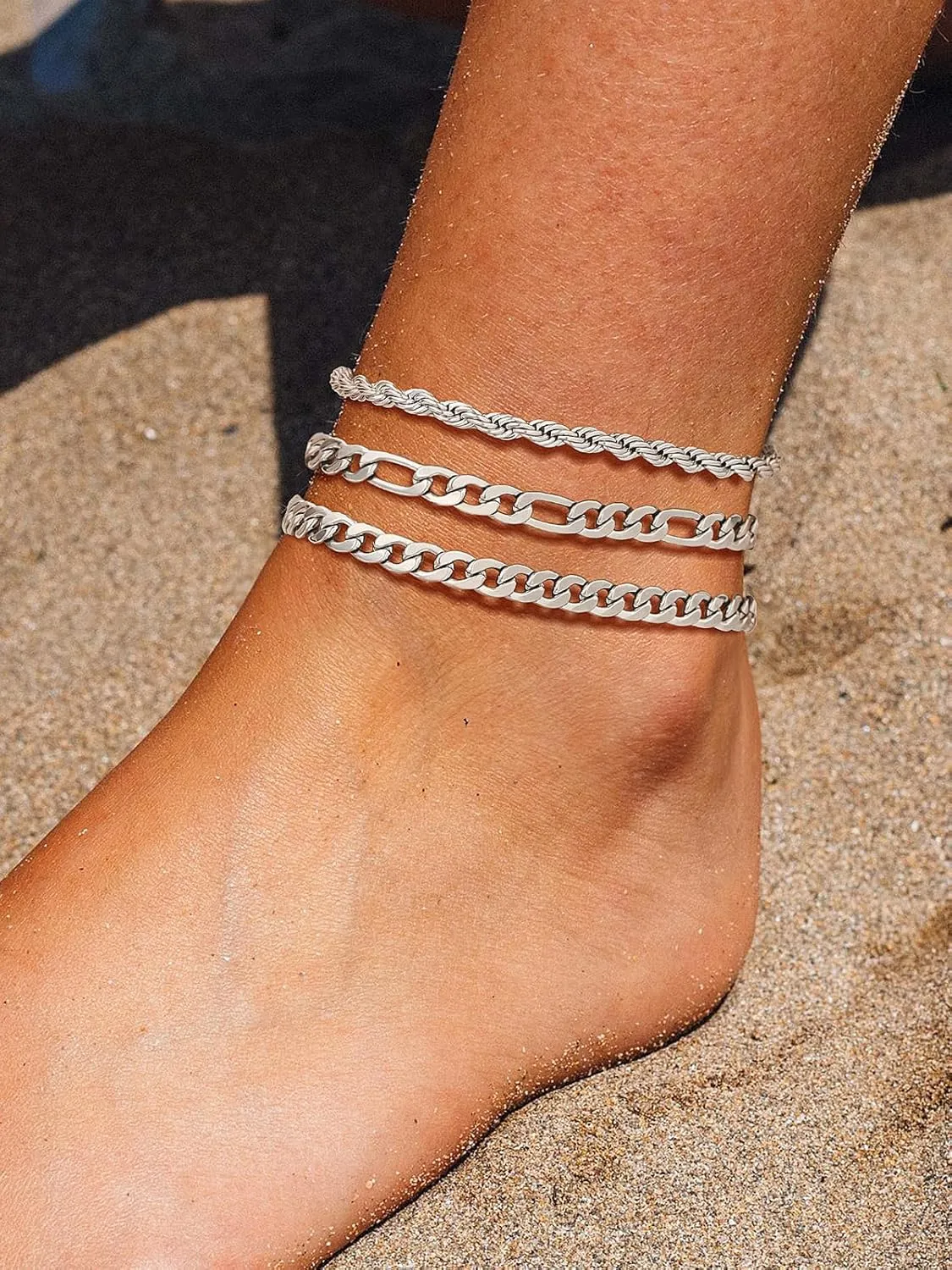 U7 2Pcs/3Pcs Ankle Bracelets for Women, Stainless Steel Cuban Link/Figaro/Rope/Heart Chain Anklets Sets,Waterproof Layered Anklets Adjustable 8.5"-10.5"