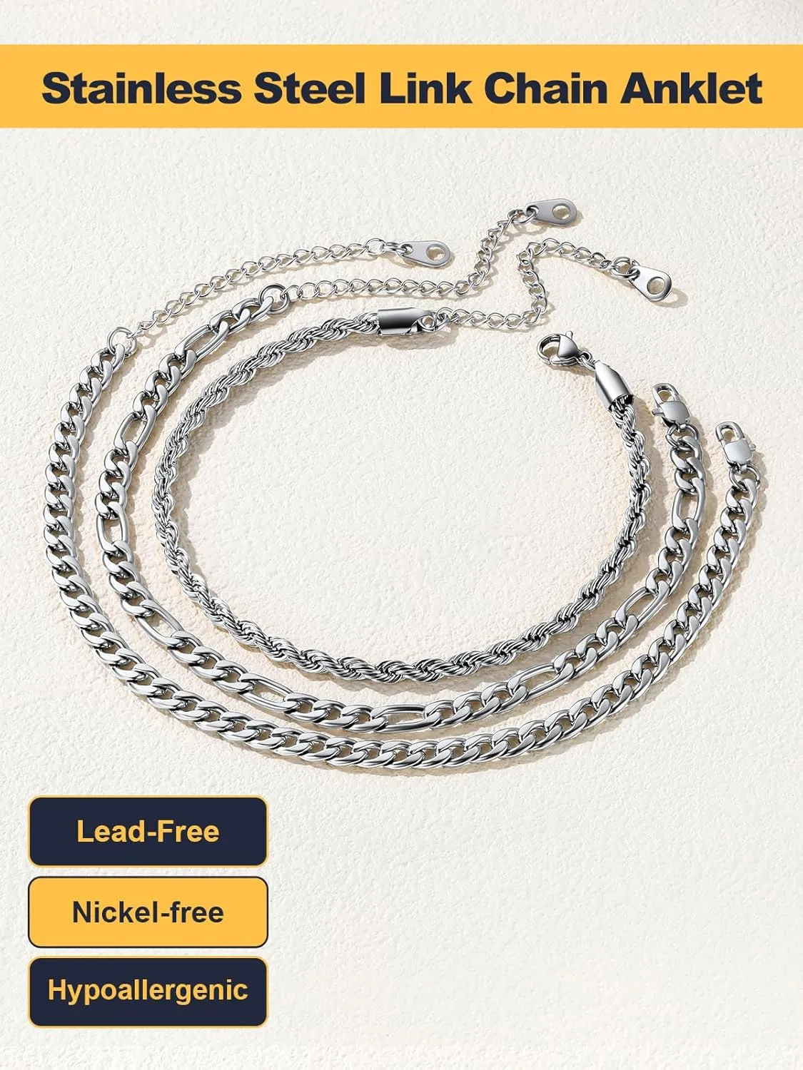 U7 2Pcs/3Pcs Ankle Bracelets for Women, Stainless Steel Cuban Link/Figaro/Rope/Heart Chain Anklets Sets,Waterproof Layered Anklets Adjustable 8.5"-10.5"