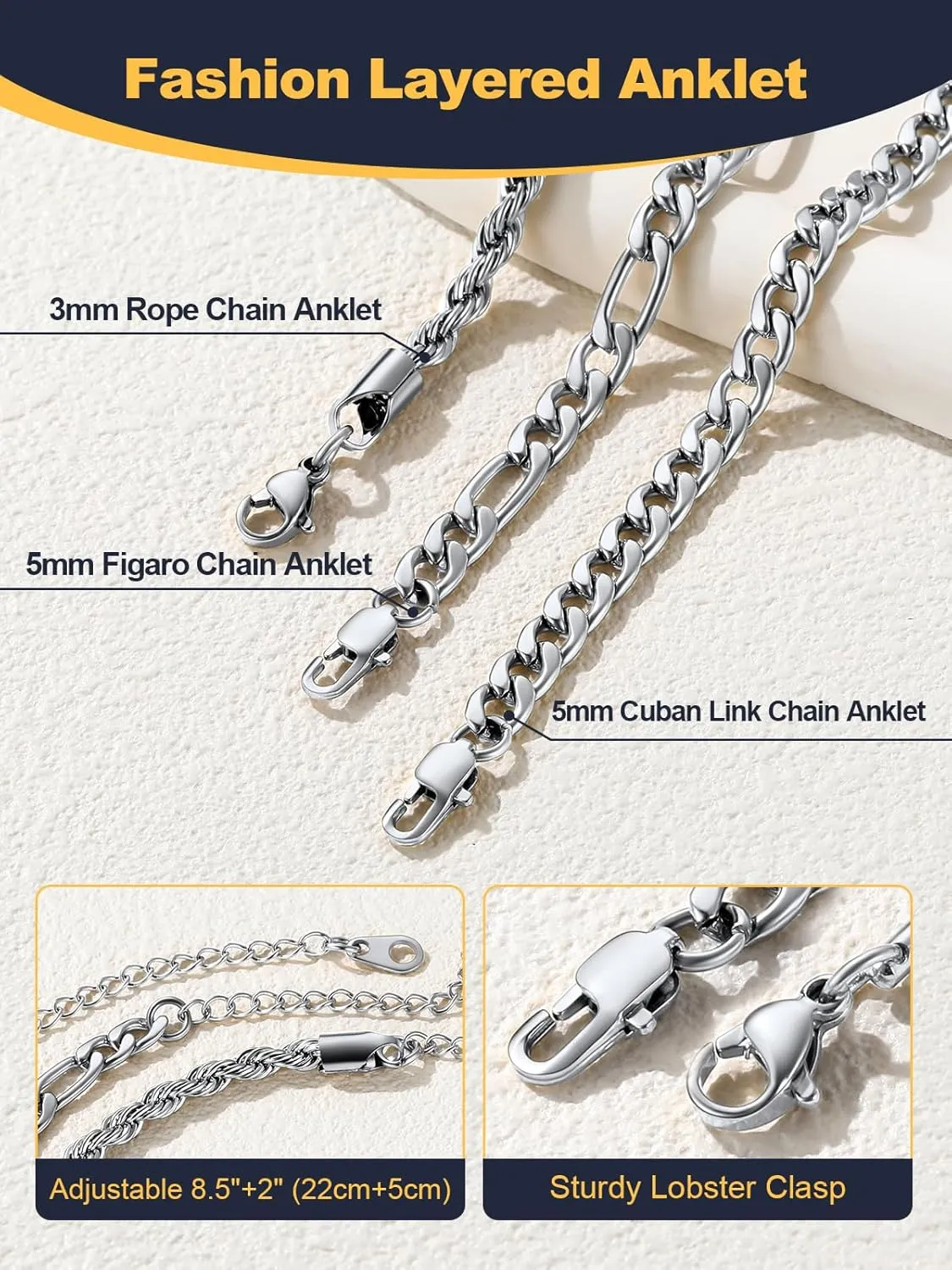 U7 2Pcs/3Pcs Ankle Bracelets for Women, Stainless Steel Cuban Link/Figaro/Rope/Heart Chain Anklets Sets,Waterproof Layered Anklets Adjustable 8.5"-10.5"