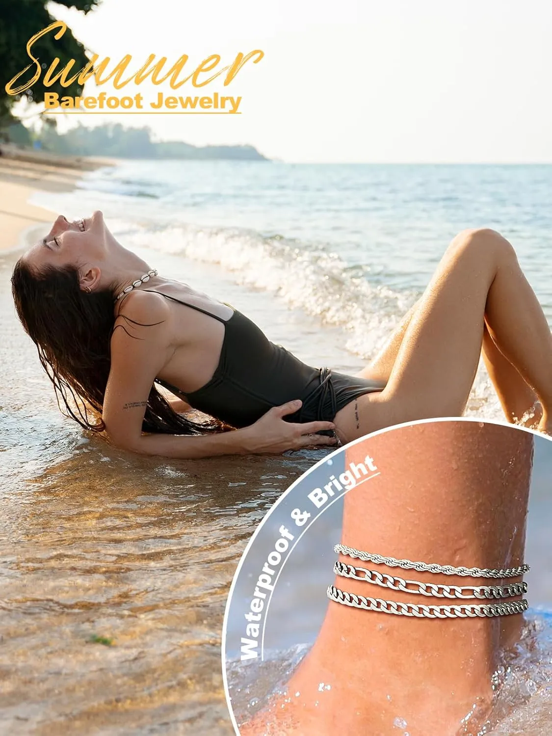 U7 2Pcs/3Pcs Ankle Bracelets for Women, Stainless Steel Cuban Link/Figaro/Rope/Heart Chain Anklets Sets,Waterproof Layered Anklets Adjustable 8.5"-10.5"