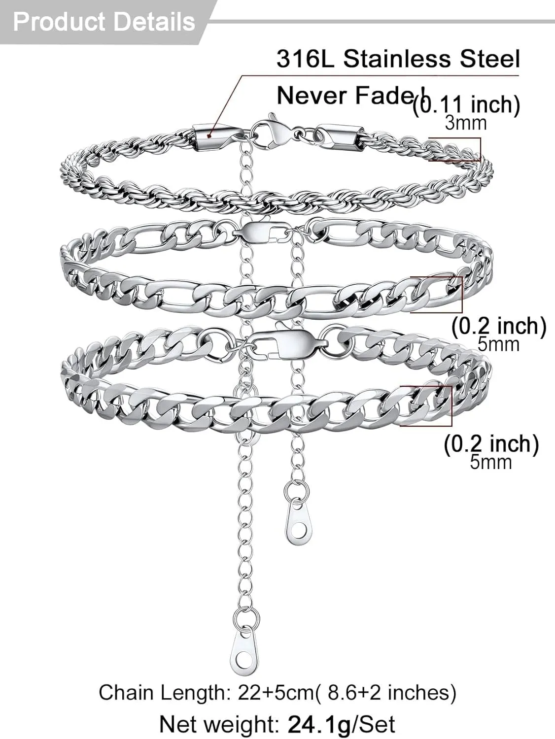 U7 2Pcs/3Pcs Ankle Bracelets for Women, Stainless Steel Cuban Link/Figaro/Rope/Heart Chain Anklets Sets,Waterproof Layered Anklets Adjustable 8.5"-10.5"