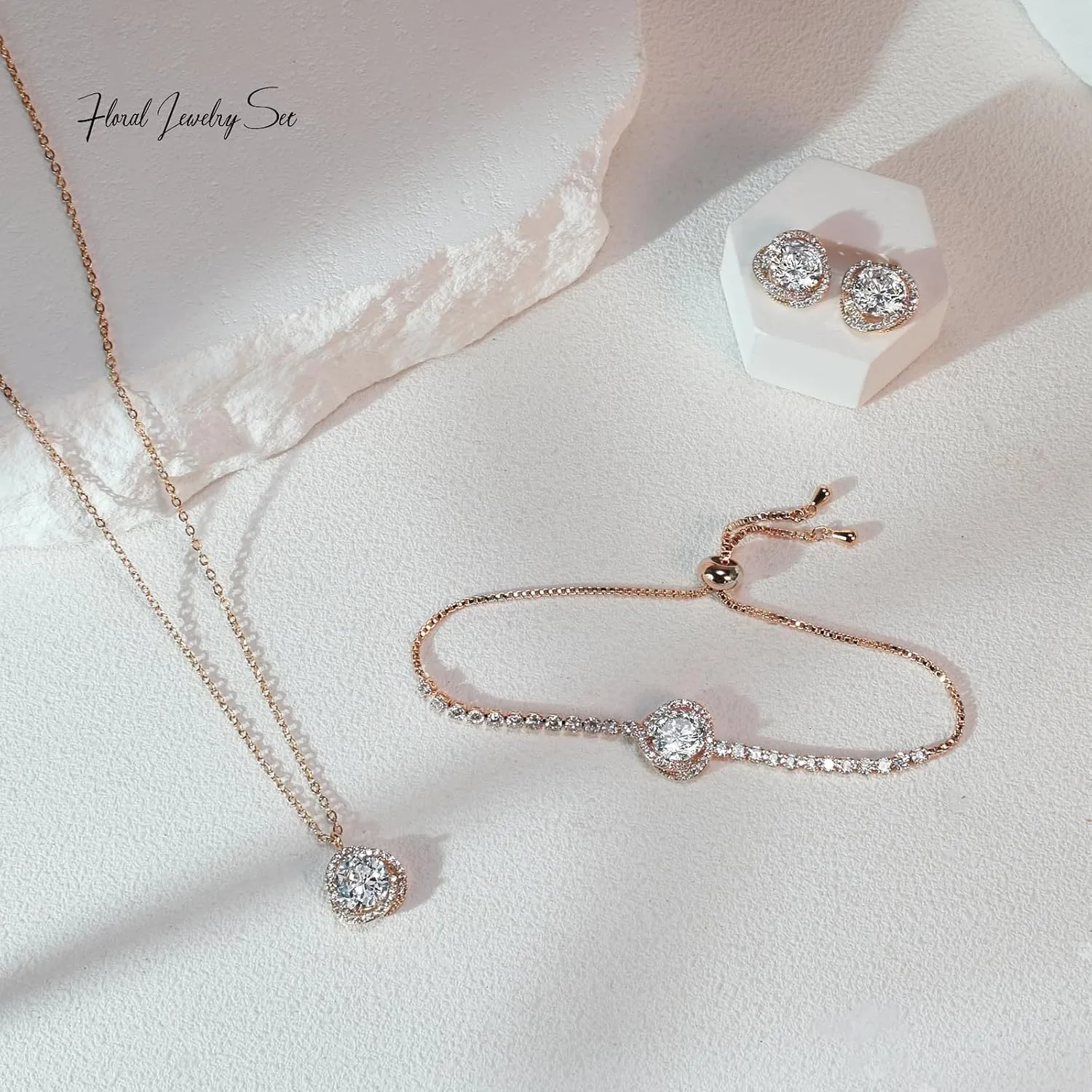 UDYLGOON Dainty Floral Women Jewelry Set Cubic Zirconia Earrings Necklace Bracelet Set for Bridesmaid Bride Wedding Prom Birthday Anniversary