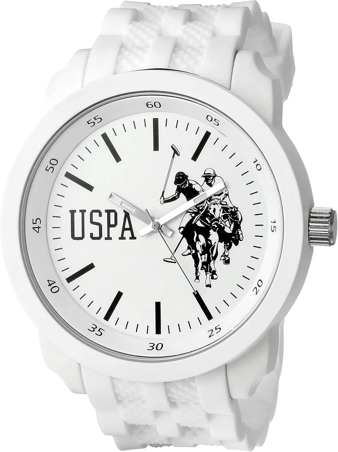 U.S. Polo Assn. Mens White Sport Watch with Silicone Strap, 50mm Case, Analog Quartz Movement, Bold Dial, Box Included, Adjustable Fit 5.5"8.25"