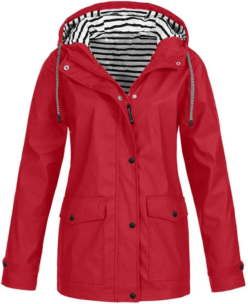 Waterproof Rain Jacket Lightweight Outdoor Hooded Raincoat Trench Coats Hiking Travel Windbreaker Plus Size