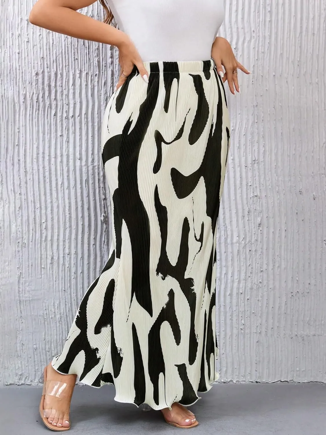 WDIRARA Women's Graphic Print Textured High Waist Stretch Colorblock Elastic Waist Straight Midi Skirts