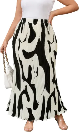 WDIRARA Women's Graphic Print Textured High Waist Stretch Colorblock Elastic Waist Straight Midi Skirts