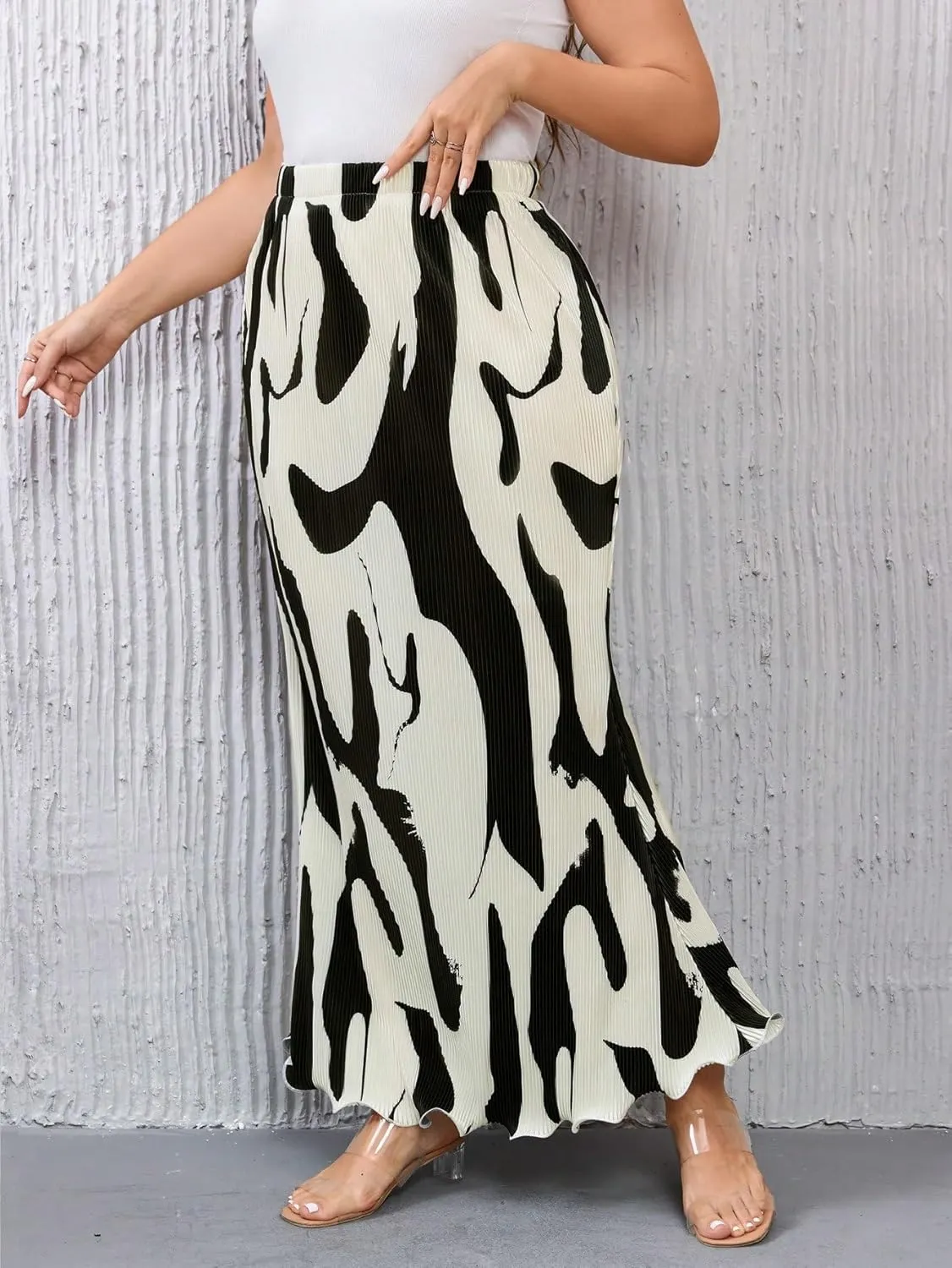 WDIRARA Women's Graphic Print Textured High Waist Stretch Colorblock Elastic Waist Straight Midi Skirts