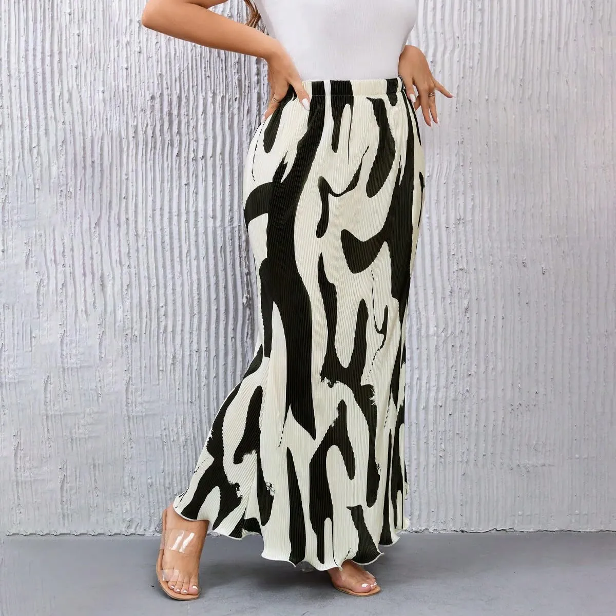 WDIRARA Women's Graphic Print Textured High Waist Stretch Colorblock Elastic Waist Straight Midi Skirts