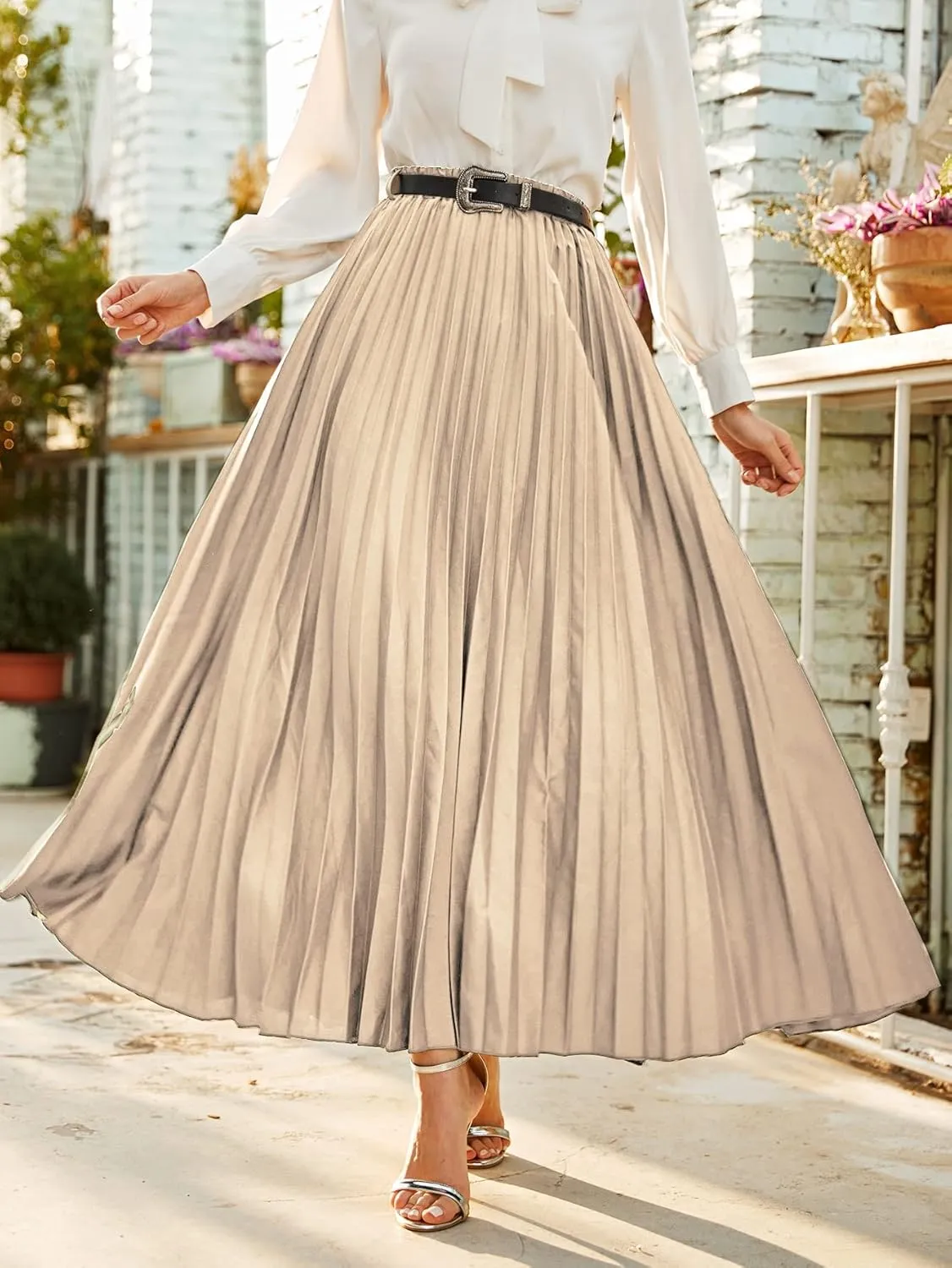 WDIRARA Women's Pleated Elegant Maxi Skirt Belted High Waist Loose Fit Casual Skirts