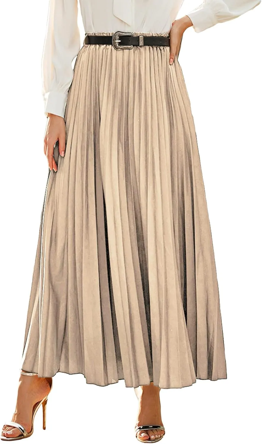 WDIRARA Women's Pleated Elegant Maxi Skirt Belted High Waist Loose Fit Casual Skirts