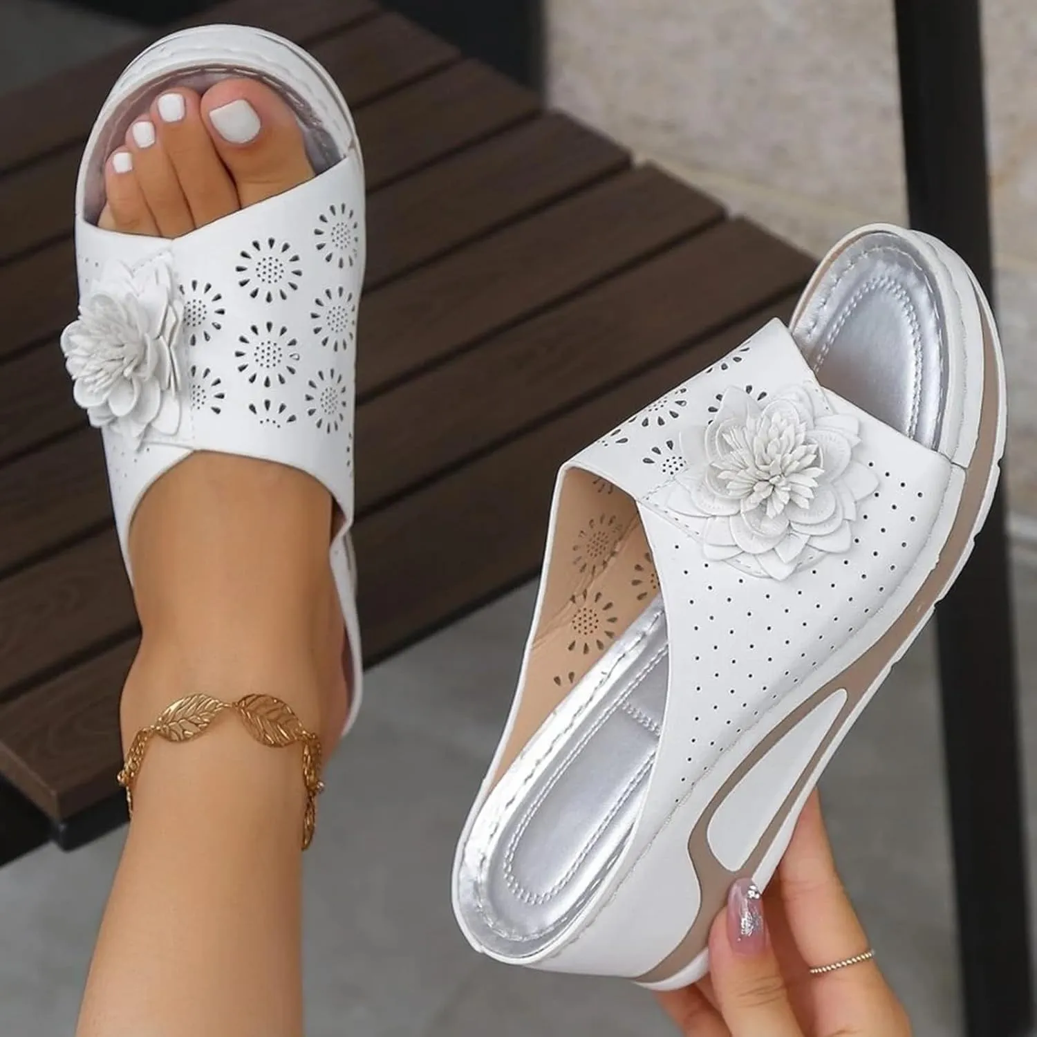 Wedge Sandals for Women Hollow Out Slip On Platform Wedge Sandals with Arch Support Flower Summer Dressy Low Heel Damping Sole Casual Walking Shoes Comfortable Beach Wedges Slippers