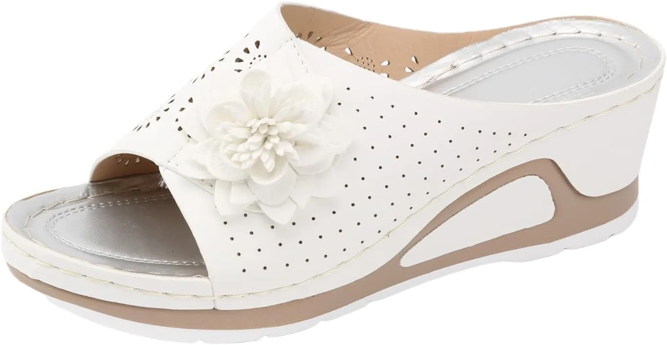 Wedge Sandals for Women Hollow Out Slip On Platform Wedge Sandals with Arch Support Flower Summer Dressy Low Heel Damping Sole Casual Walking Shoes Comfortable Beach Wedges Slippers