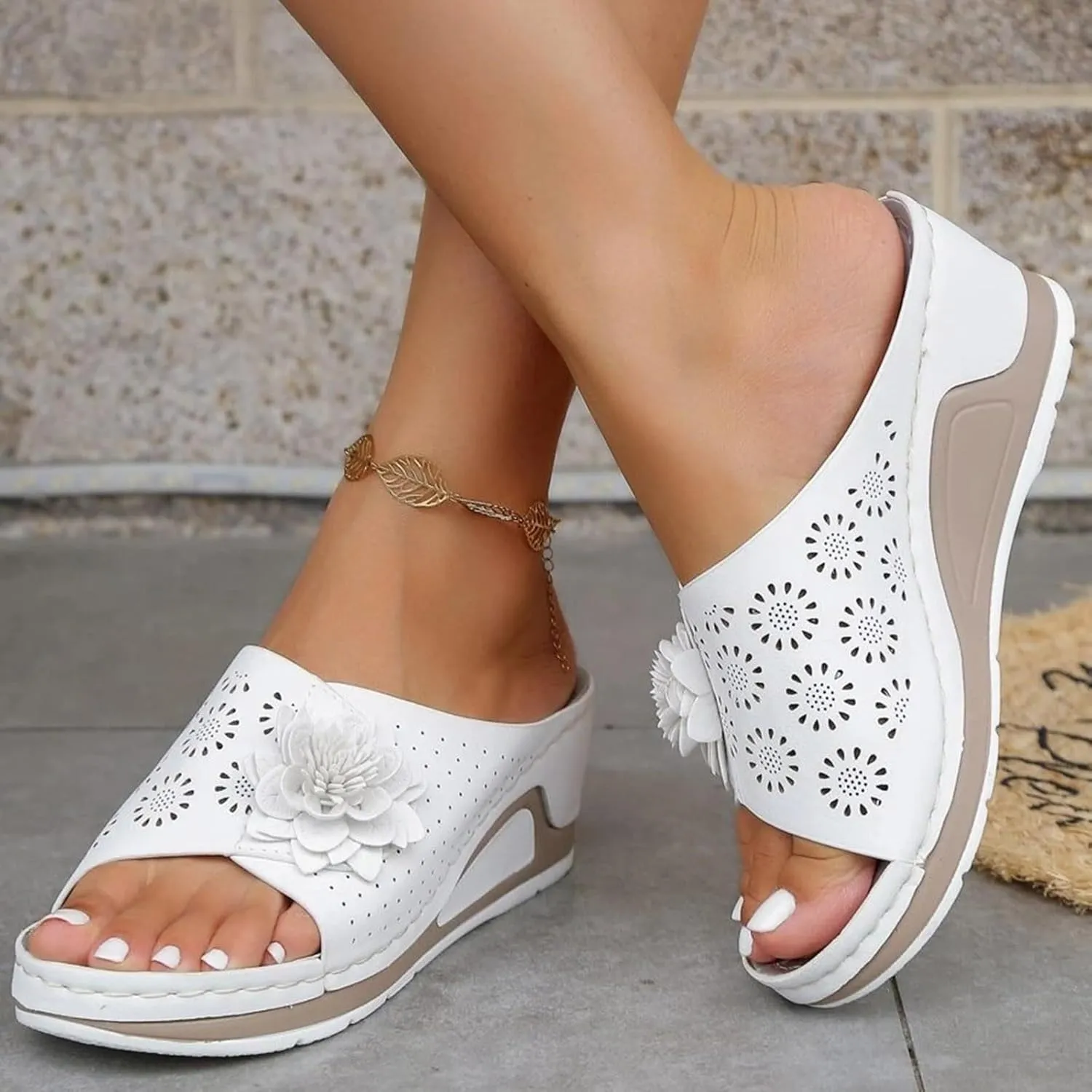 Wedge Sandals for Women Hollow Out Slip On Platform Wedge Sandals with Arch Support Flower Summer Dressy Low Heel Damping Sole Casual Walking Shoes Comfortable Beach Wedges Slippers