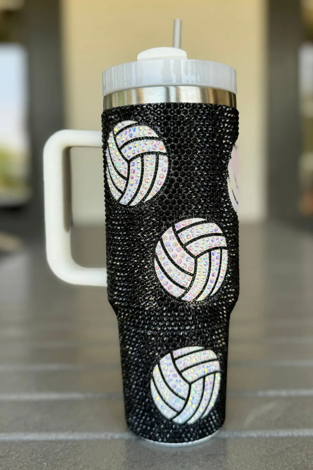 White 40Oz Rhinestone Volleyball Tumbler Cup with Handle