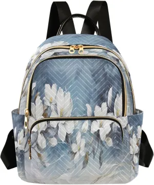 White Blue Magnolia Flowers Mini Backpack for Women Small Backpack Purse for Girls Quilted Daypack for Travel Daily Work Shoulder Purses Bags Fashion Laptop Back Pack for Teens College Bookbag