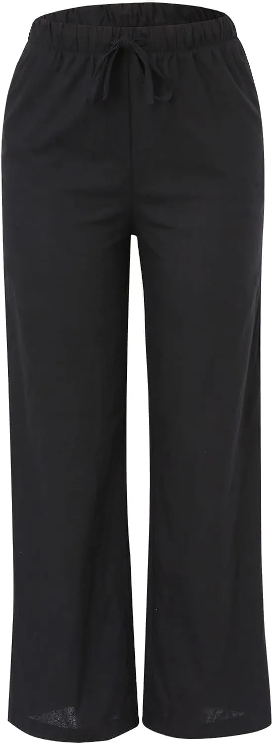 Wide Leg Linen Pants for Women Summer Flowy Palazzo Pants Comfy Elastic High Waist Casual Beach Trousers Pockets 2025