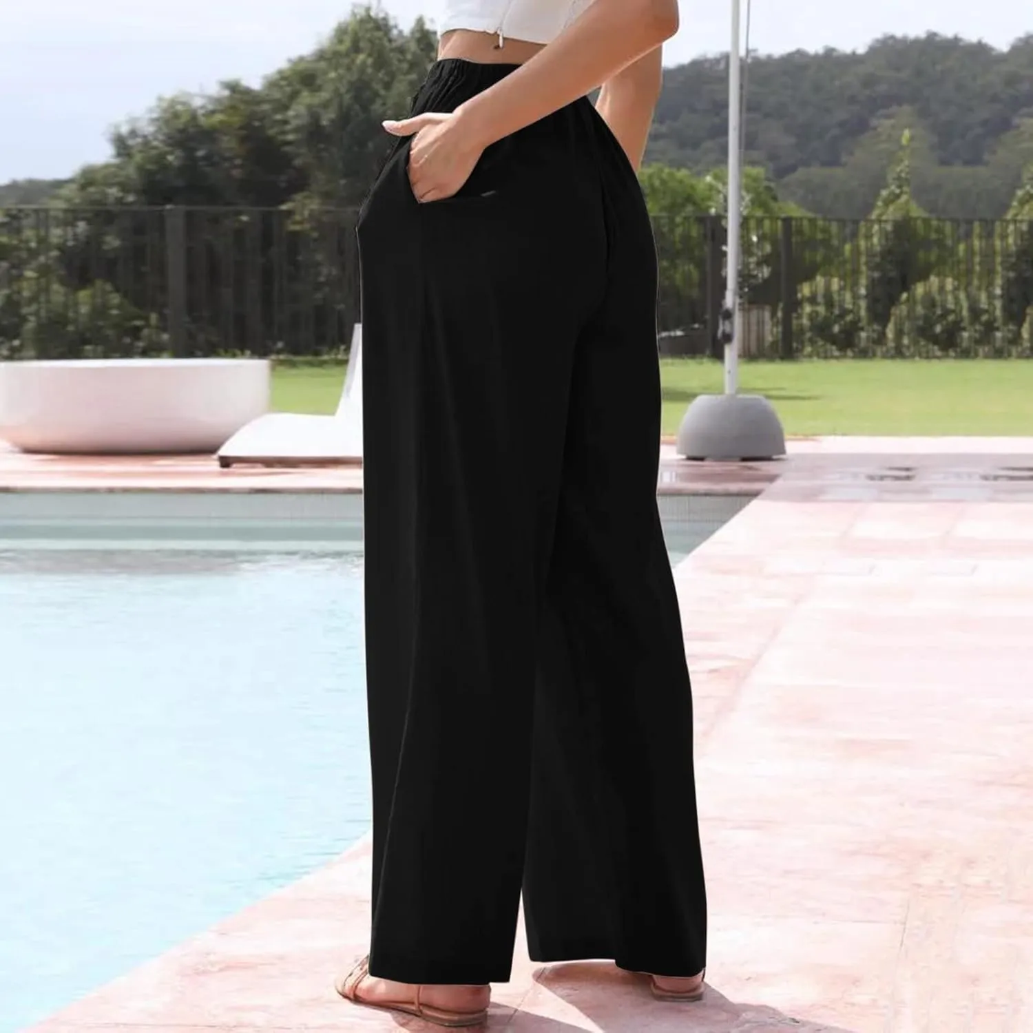 Wide Leg Linen Pants for Women Summer Flowy Palazzo Pants Comfy Elastic High Waist Casual Beach Trousers Pockets 2025