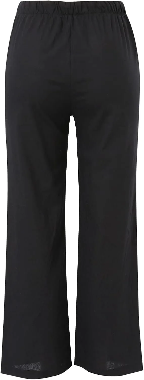 Wide Leg Linen Pants for Women Summer Flowy Palazzo Pants Comfy Elastic High Waist Casual Beach Trousers Pockets 2025