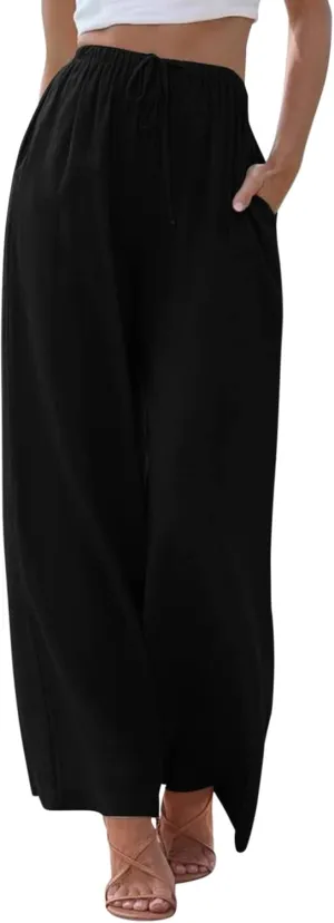 Wide Leg Linen Pants for Women Summer Flowy Palazzo Pants Comfy Elastic High Waist Casual Beach Trousers Pockets 2025