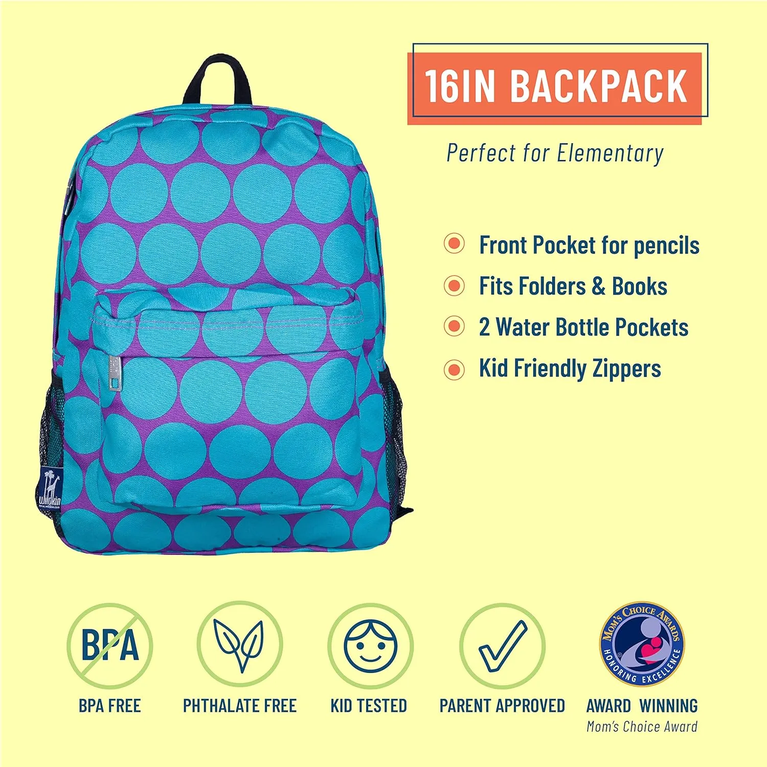 Wildkin 16-inch Kids Backpack  Durable, Padded & Spacious School Bag for Boys & Girls (Big Dot Aqua)