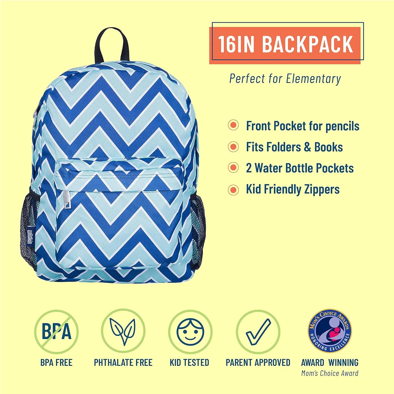 Wildkin 16-inch Kids Backpack  Durable, Padded & Spacious School Bag for Boys & Girls (Chevron Blue)