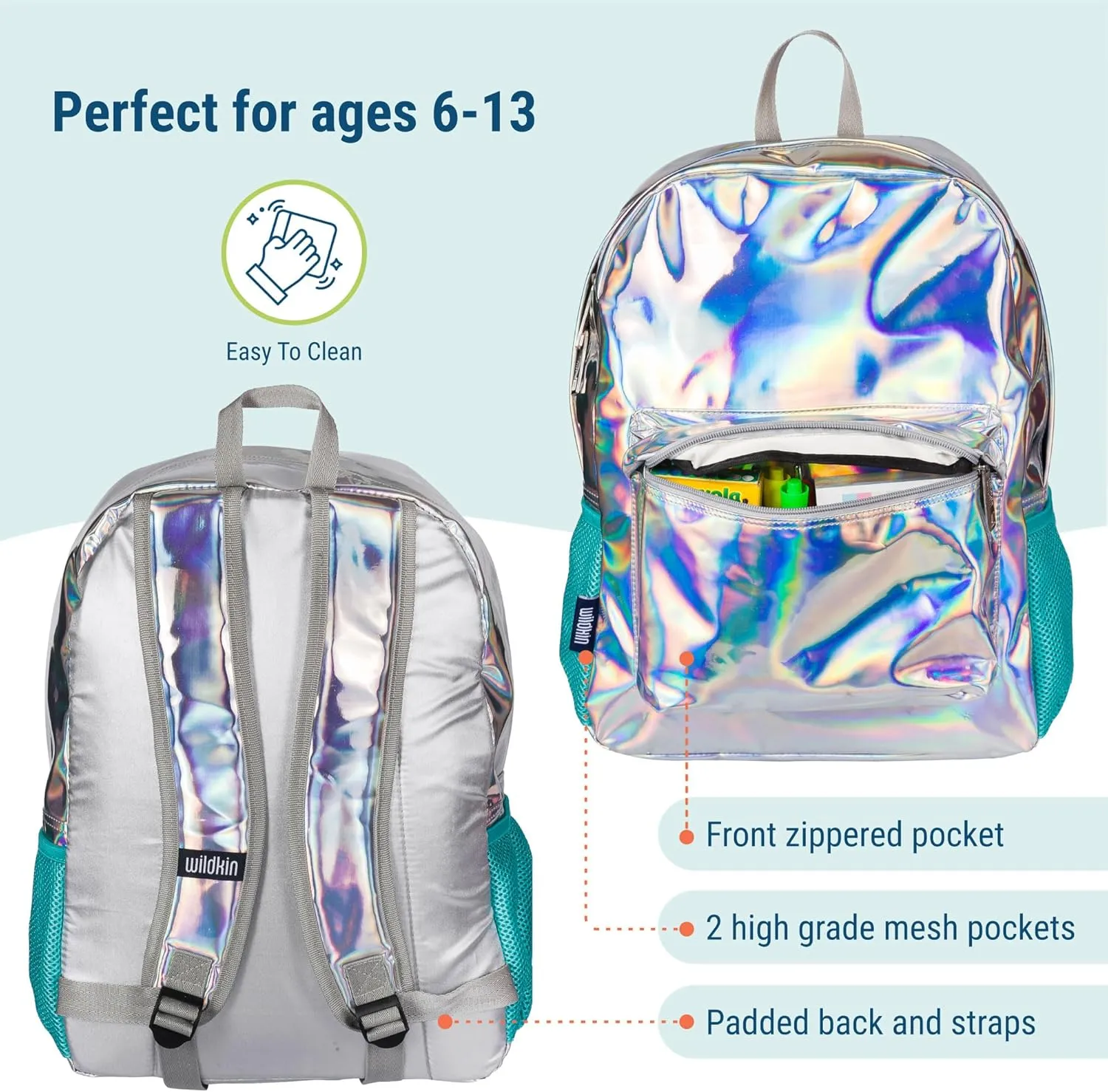 Wildkin 16-inch Kids Backpack  Durable, Padded & Spacious School Bag for Boys & Girls (Holographic)