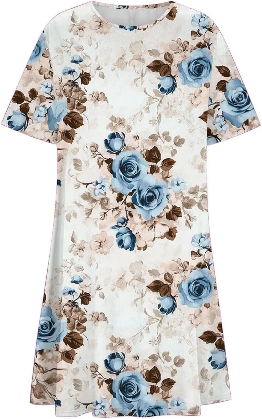 Women 2025 Mini Dresses Summer Casual Short Sleeve Cute Crew Neck Flowy Dress Loose Fit Floral Print Beach Dress