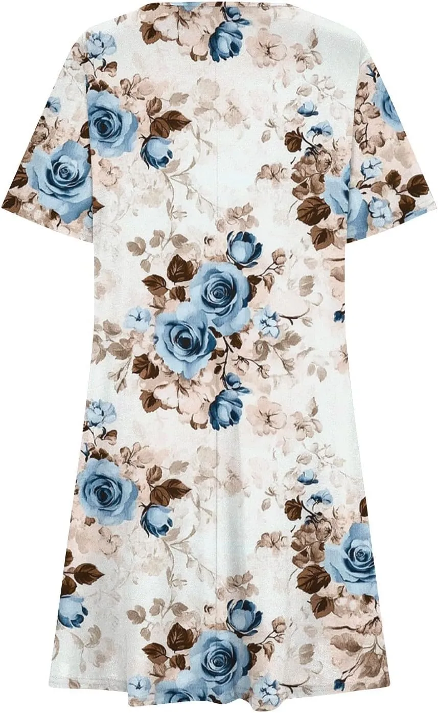 Women 2025 Mini Dresses Summer Casual Short Sleeve Cute Crew Neck Flowy Dress Loose Fit Floral Print Beach Dress