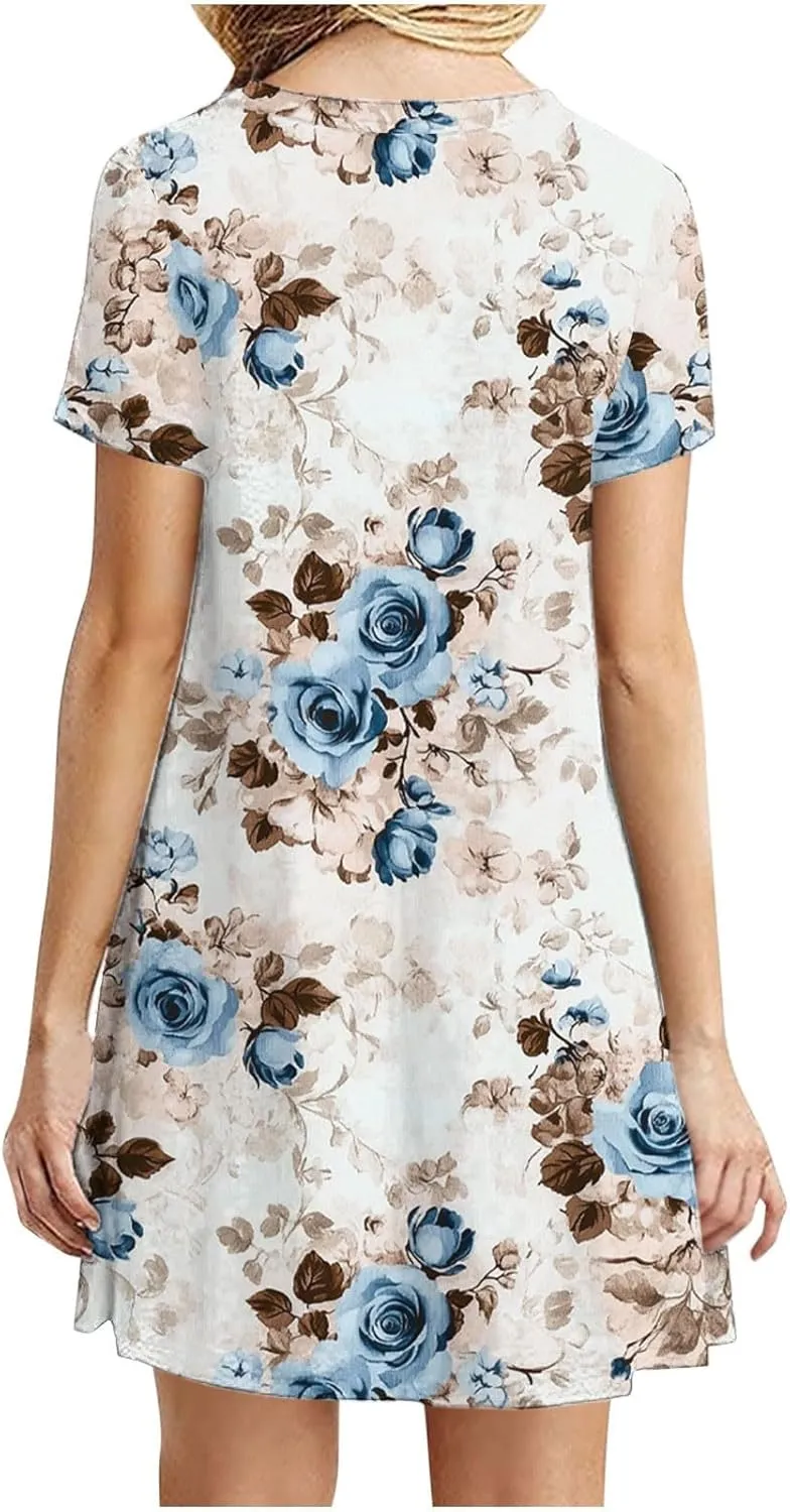 Women 2025 Mini Dresses Summer Casual Short Sleeve Cute Crew Neck Flowy Dress Loose Fit Floral Print Beach Dress