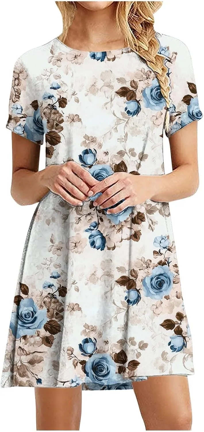 Women 2025 Mini Dresses Summer Casual Short Sleeve Cute Crew Neck Flowy Dress Loose Fit Floral Print Beach Dress
