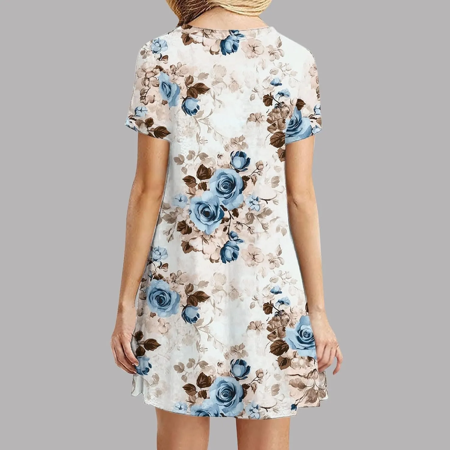 Women 2025 Mini Dresses Summer Casual Short Sleeve Cute Crew Neck Flowy Dress Loose Fit Floral Print Beach Dress