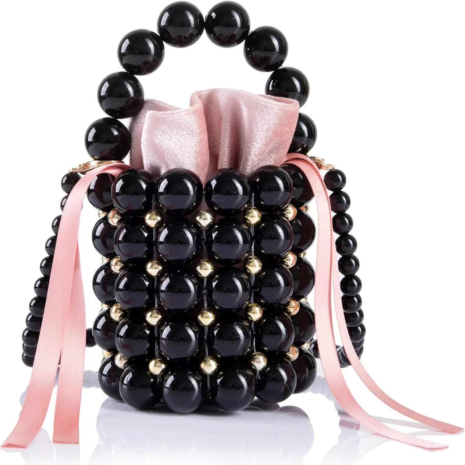 Women Beaded Evening Bucket Bag Small Lipstick Handbag Velvet Lining with Detachable Chain for Wedding Party