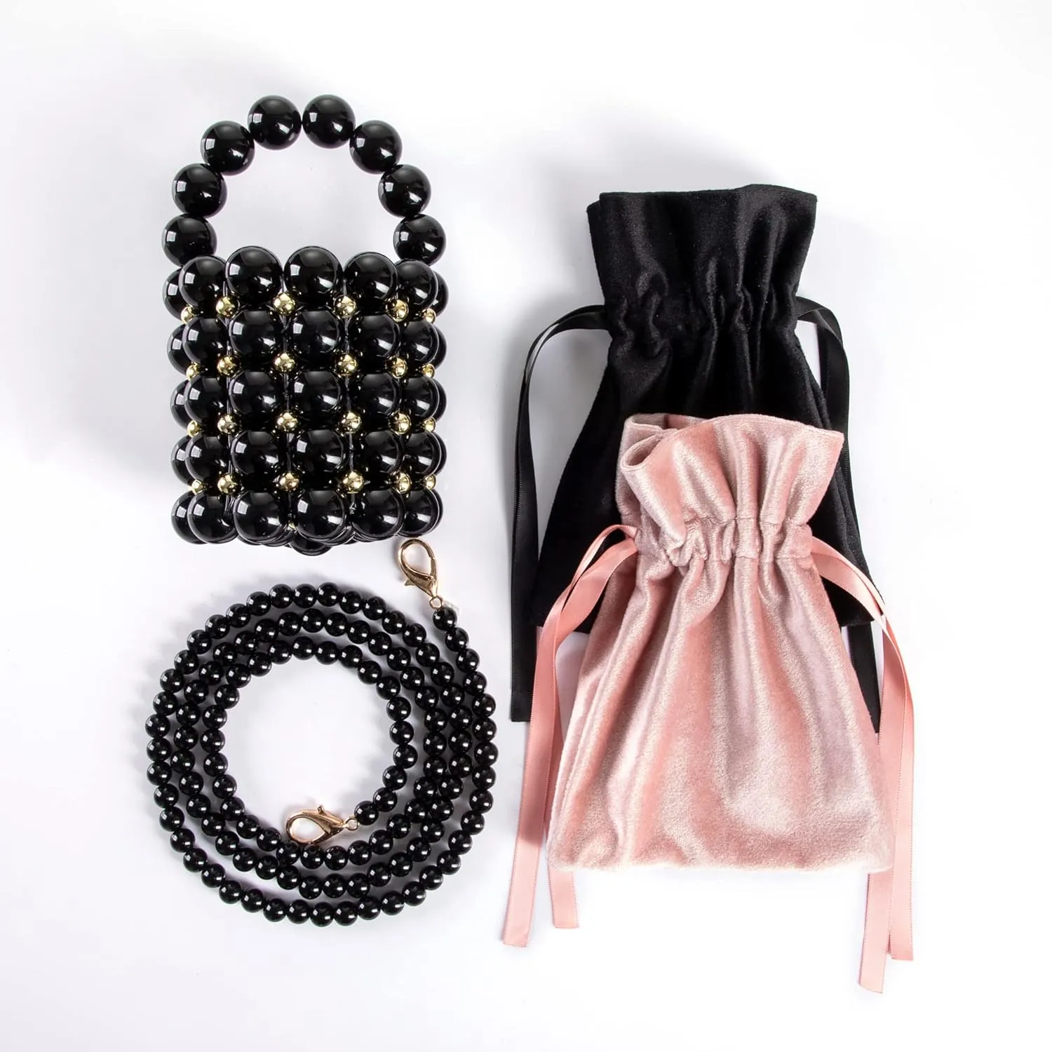 Women Beaded Evening Bucket Bag Small Lipstick Handbag Velvet Lining with Detachable Chain for Wedding Party