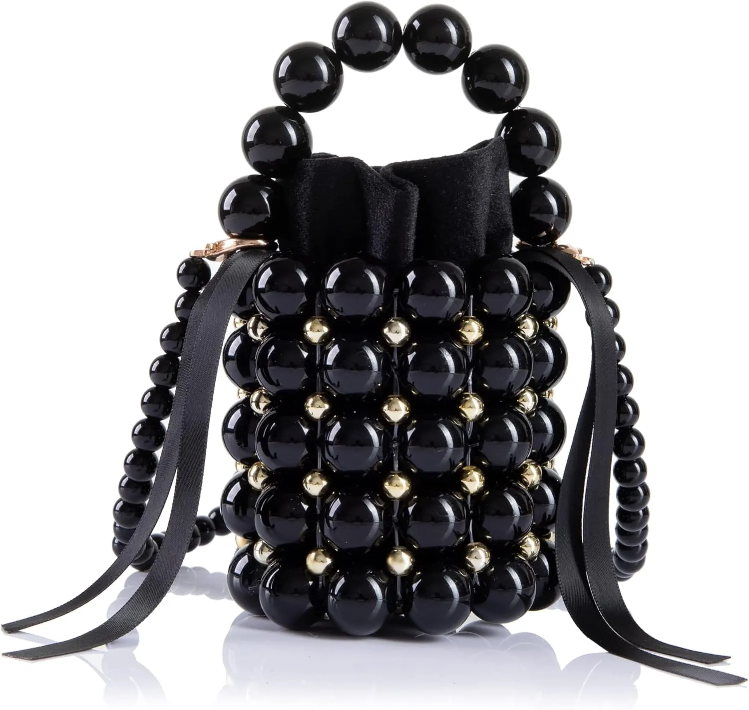 Women Beaded Evening Bucket Bag Small Lipstick Handbag Velvet Lining with Detachable Chain for Wedding Party