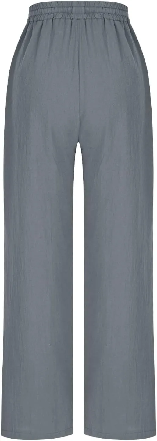Women Cotton Linen Straight Leg Pants Elastic Drawstring Casual Jogger Trousers with Pockets Summer Beach Lounge Pants