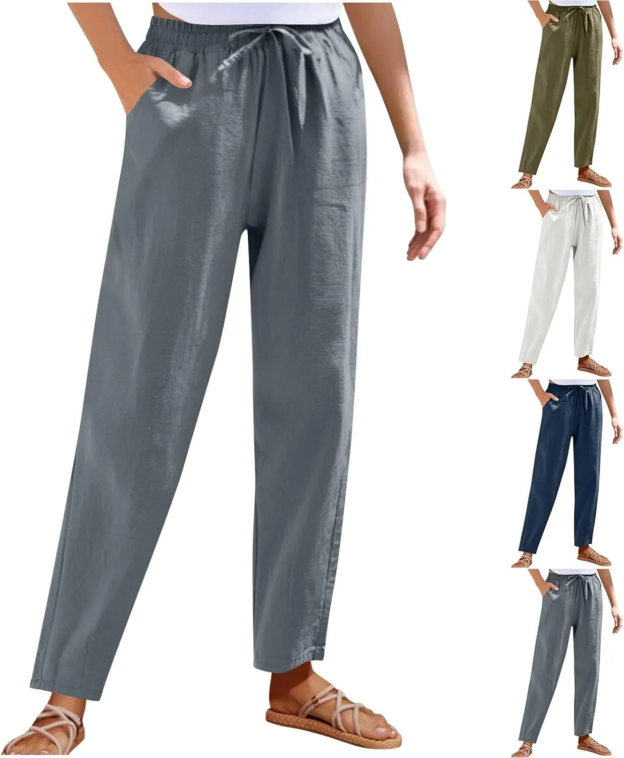 Women Cotton Linen Straight Leg Pants Elastic Drawstring Casual Jogger Trousers with Pockets Summer Beach Lounge Pants