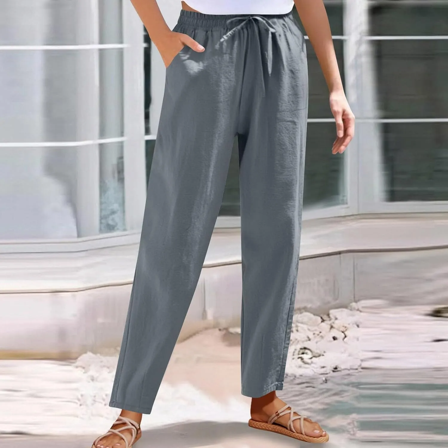 Women Cotton Linen Straight Leg Pants Elastic Drawstring Casual Jogger Trousers with Pockets Summer Beach Lounge Pants