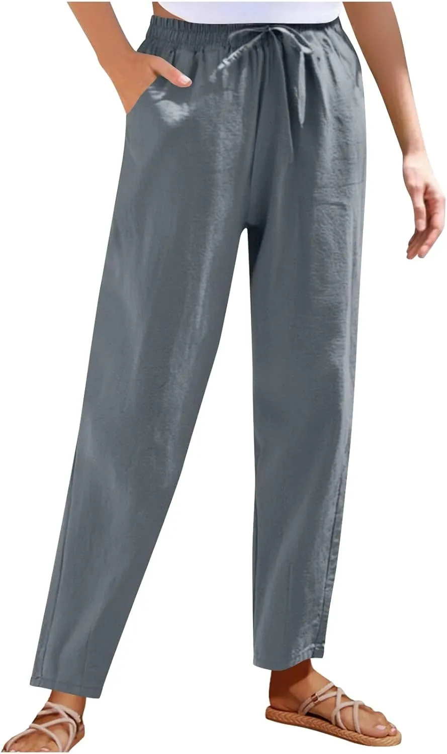 Women Cotton Linen Straight Leg Pants Elastic Drawstring Casual Jogger Trousers with Pockets Summer Beach Lounge Pants