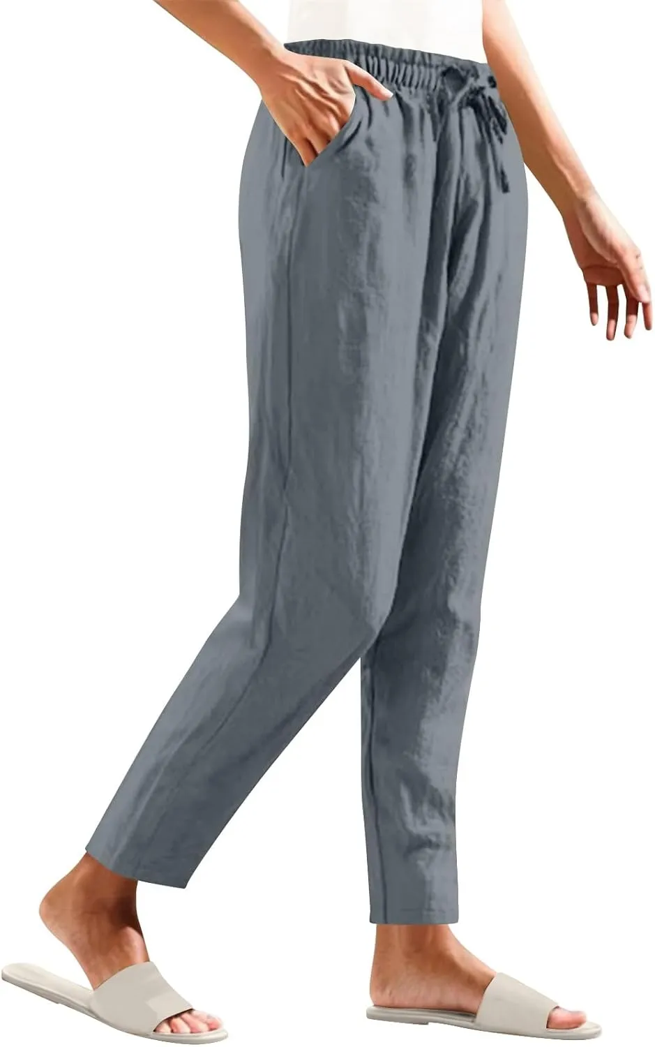 Women Cotton Linen Straight Leg Pants Elastic Drawstring Casual Jogger Trousers with Pockets Summer Beach Lounge Pants