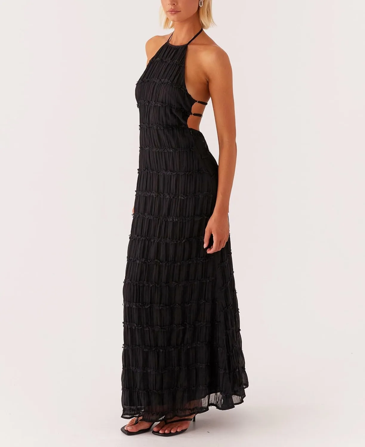 Women Halter Flowy Vacation Long Dress Sexy Sheer Ruched Backless Dress Y2k Sleeveless Beach Tiered Maxi Sundresses