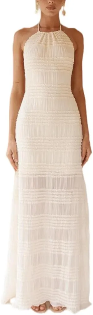 Women Halter Flowy Vacation Long Dress Sexy Sheer Ruched Backless Dress Y2k Sleeveless Beach Tiered Maxi Sundresses